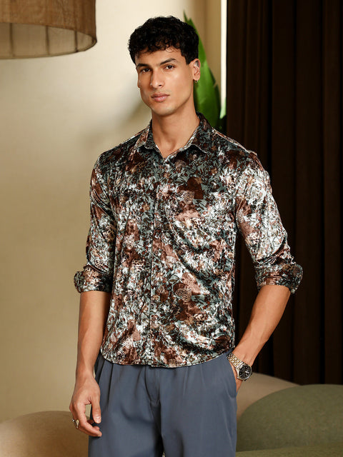 Hooked Botanical-Cluster Imprint Velvet Shirt