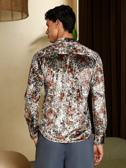 Hooked Botanical-Cluster Imprint Velvet Shirt