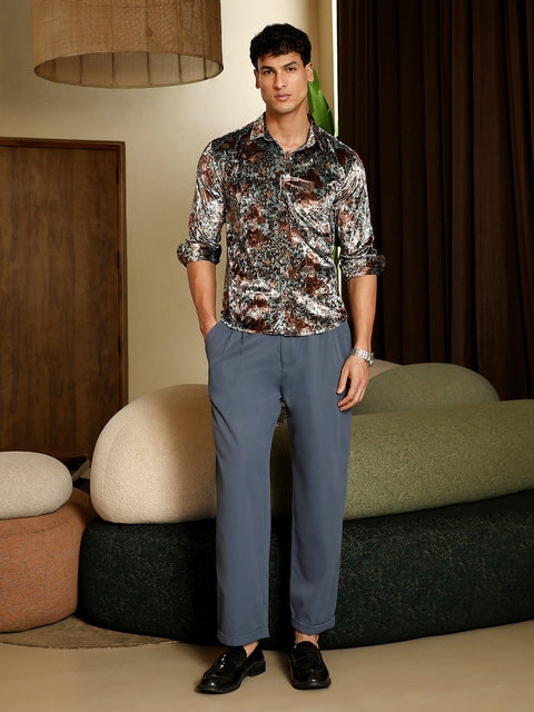 Hooked Botanical-Cluster Imprint Velvet Shirt