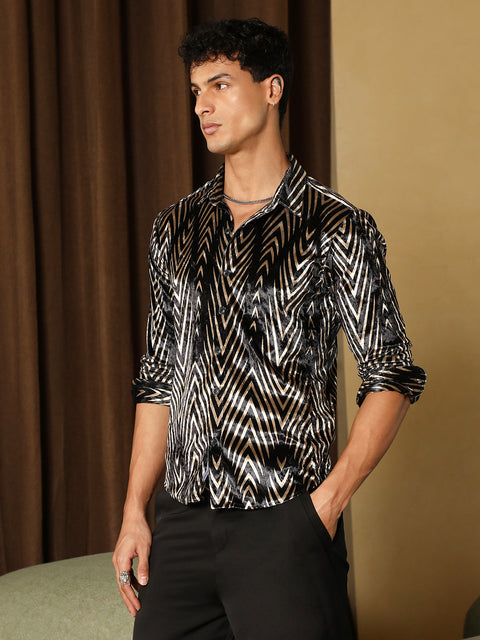 Known Metallic-Chevron Imprint Velvet Shirt