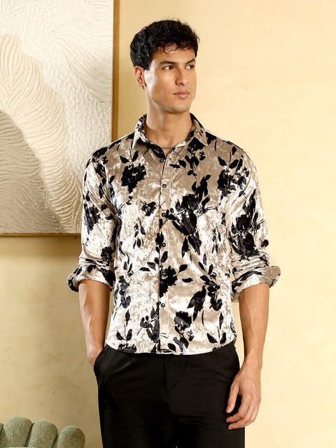 Hooked Contrast-Botanical Imprint Velvet Shirt