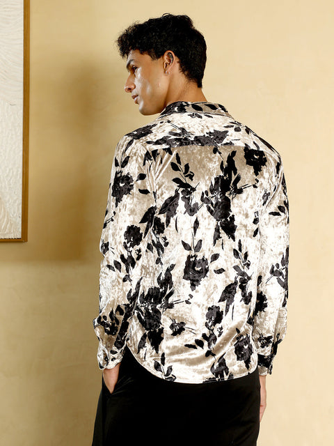 Hooked Contrast-Botanical Imprint Velvet Shirt