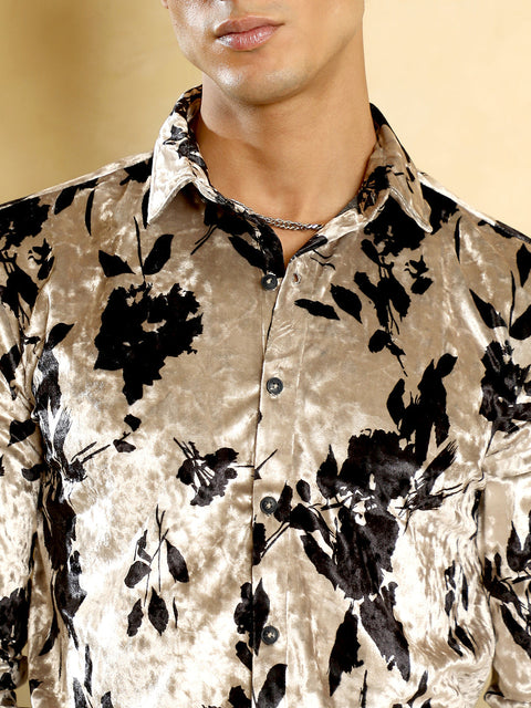 Hooked Contrast-Botanical Imprint Velvet Shirt