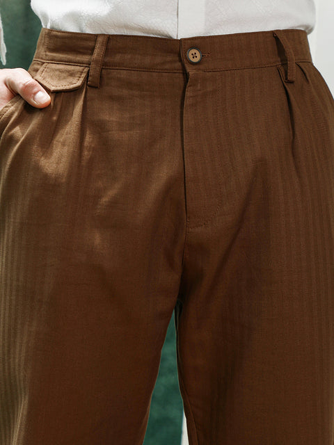 Behookd Brown Pleated Formal Trousers