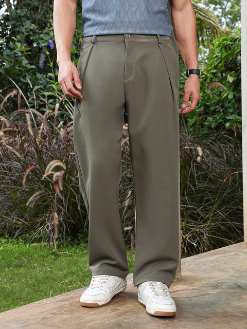 Hookd Lightweight - Olive Green Pleated Straight-Fit Trousers