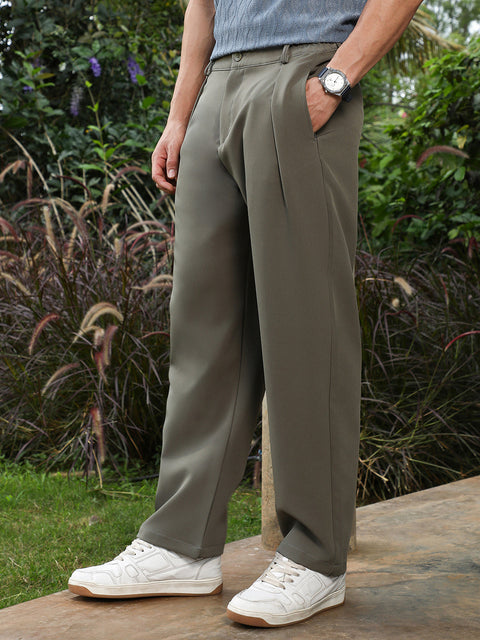 Hookd Lightweight - Olive Green Pleated Straight-Fit Trousers