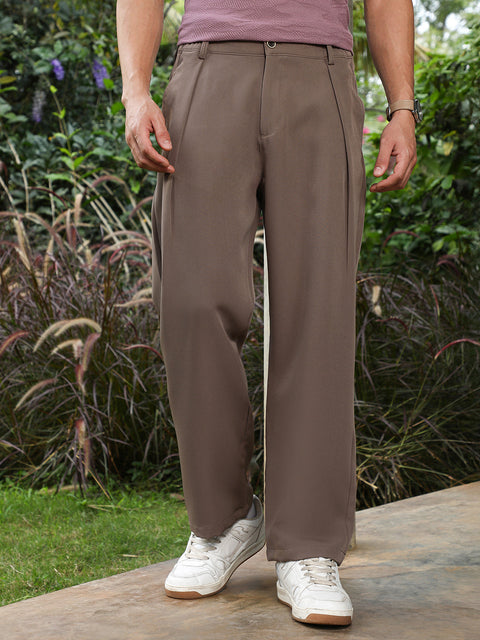 Hookd Chocolate Brown Straight-Fit Pleated Tailored Trousers