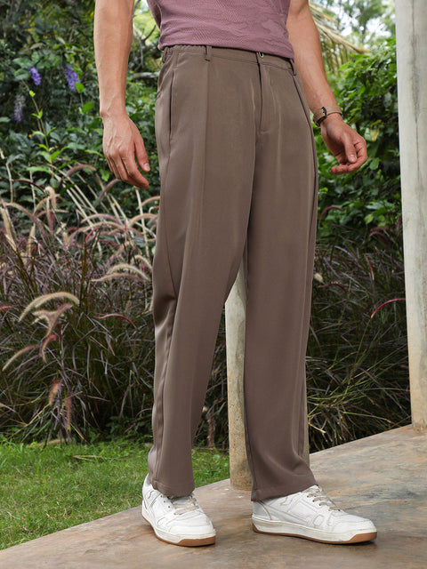Hookd Chocolate Brown Straight-Fit Pleated Tailored Trousers