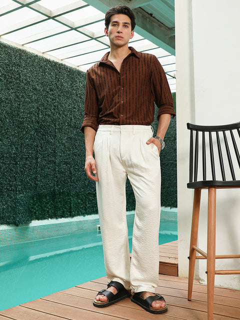 Behookd Lightweight - Off White Textured Pleated Trousers