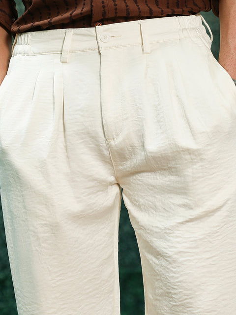 Hookd Lightweight - Off White Textured Pleated Trousers
