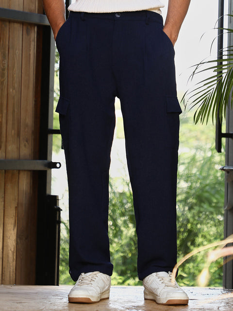 Hooked Pleated-Textured Cargo Trousers