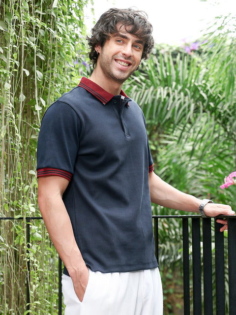 Take 2 Contrast-Lined Ribbed Polo T-Shirt