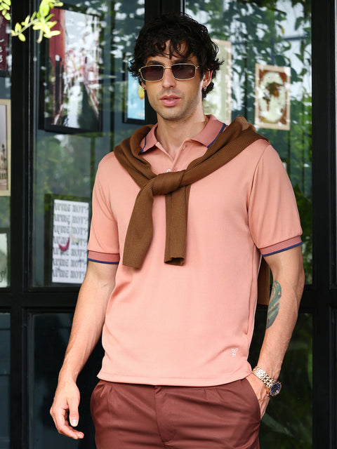 Interim Contrast-Lined Ribbed Polo T-Shirt
