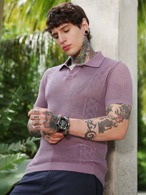 HookdSpiral-Panel Open-Knit Polo T-Shirt