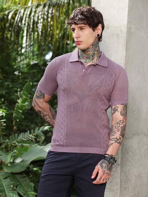 HookdSpiral-Panel Open-Knit Polo T-Shirt