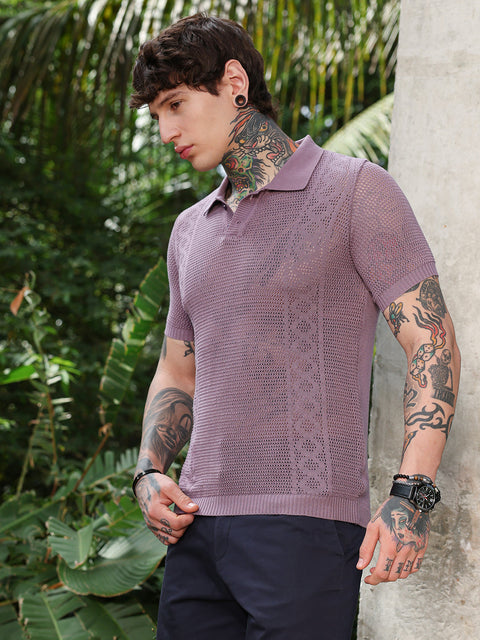HookdSpiral-Panel Open-Knit Polo T-Shirt
