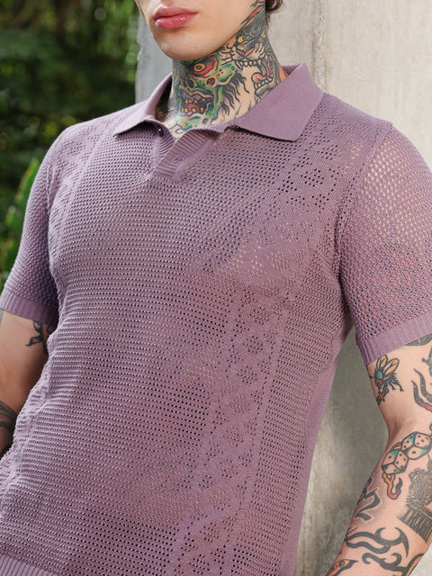 HookdSpiral-Panel Open-Knit Polo T-Shirt