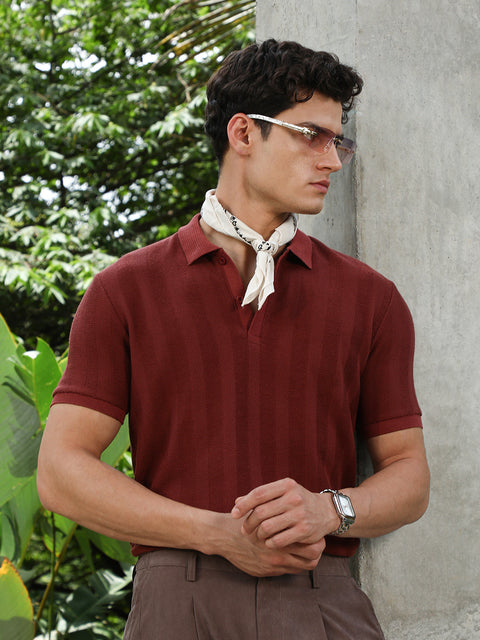 HookdRust Red Candy Stripe-Knitted Polo T-Shirt