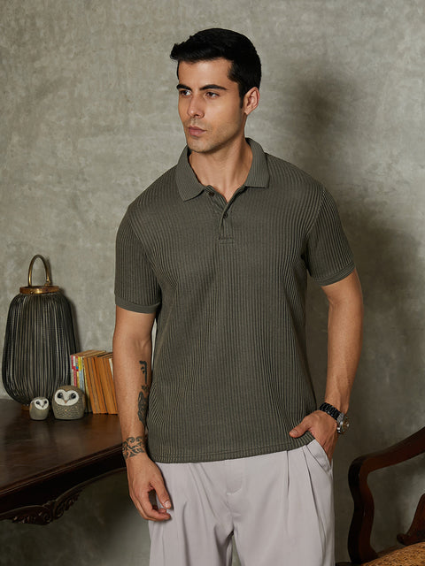 CTRL CLUB Solid Ribbed Polo T-Shirt