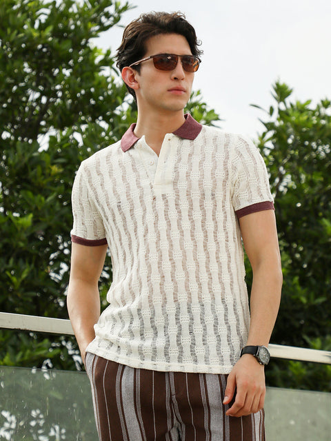 HookdTextured Knit Polo T-Shirt with Contrast Collar and Cuffs