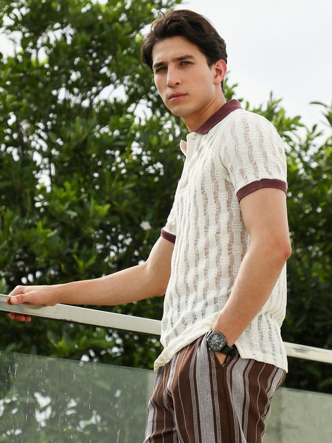 HookdTextured Knit Polo T-Shirt with Contrast Collar and Cuffs