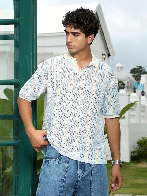 Interim Striped Crochet Polo T-Shirt