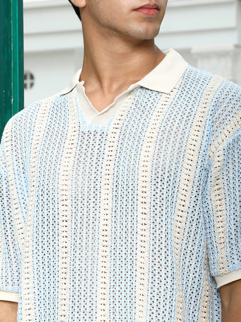 Hooked Striped Crochet Polo T-Shirt