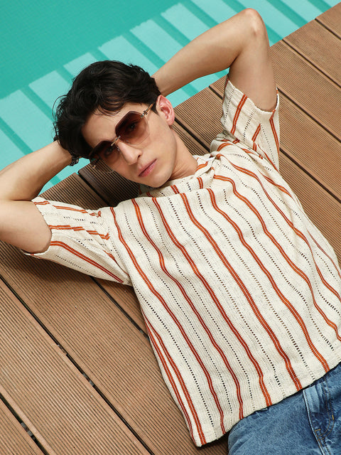 HookdStriped Cuban Collar Cotton T-Shirt - Cream & Orange