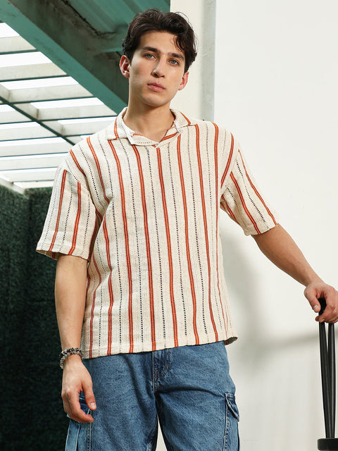 HookdStriped Cuban Collar Cotton T-Shirt - Cream & Orange