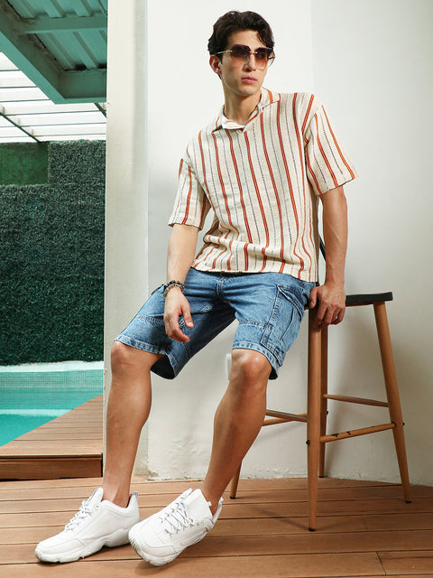 HookdStriped Cuban Collar Cotton T-Shirt - Cream & Orange