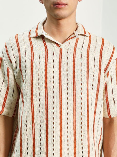 HookdStriped Cuban Collar Cotton T-Shirt - Cream & Orange