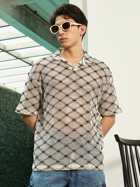 HookdGeometric Pattern Polo Collar Cotton T-Shirt