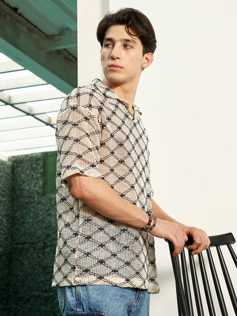 HookdGeometric Pattern Polo Collar Cotton T-Shirt