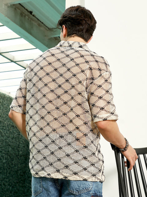 HookdGeometric Pattern Polo Collar Cotton T-Shirt
