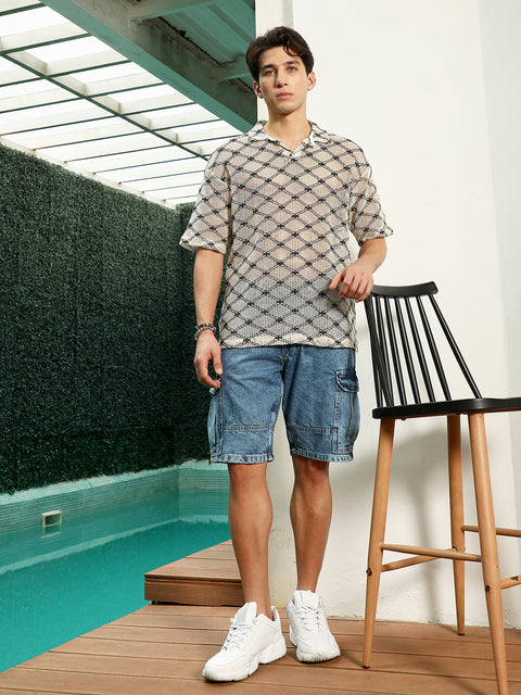HookdGeometric Pattern Polo Collar Cotton T-Shirt