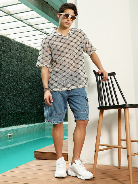 HookdGeometric Pattern Polo Collar Cotton T-Shirt