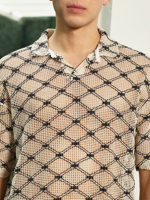 HookdGeometric Pattern Polo Collar Cotton T-Shirt