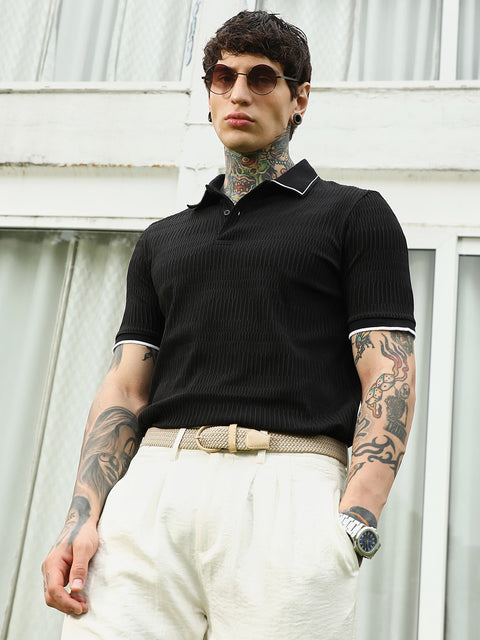 CTRL CLUB Textured Black Polo T-Shirt with Contrast Trim