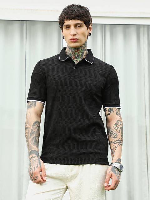 CTRL CLUB Textured Black Polo T-Shirt with Contrast Trim