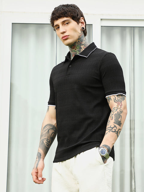 CTRL CLUB Textured Black Polo T-Shirt with Contrast Trim