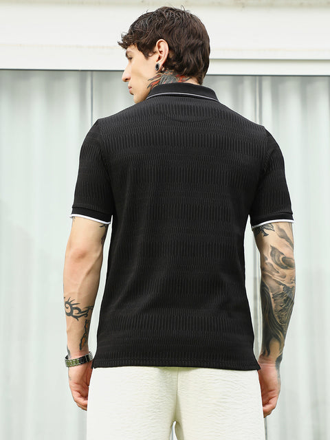 CTRL CLUB Textured Black Polo T-Shirt with Contrast Trim