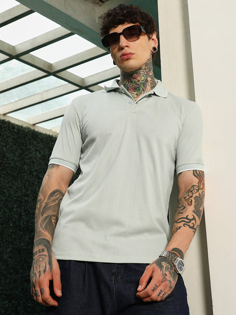 HookdLight Green Textured Polo T-Shirt - Slim Fit, Breathable Poly-Spandex Blend
