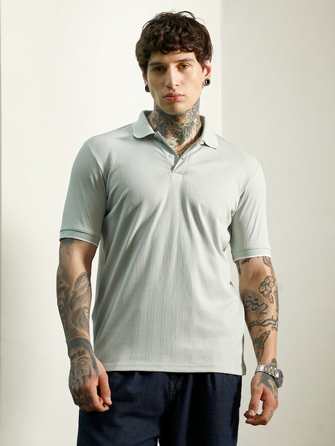 HookdLight Green Textured Polo T-Shirt - Slim Fit, Breathable Poly-Spandex Blend