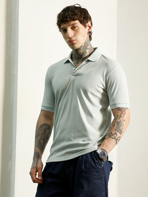 HookdLight Green Textured Polo T-Shirt - Slim Fit, Breathable Poly-Spandex Blend