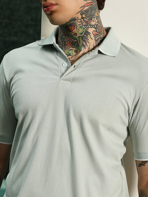 HookdLight Green Textured Polo T-Shirt - Slim Fit, Breathable Poly-Spandex Blend