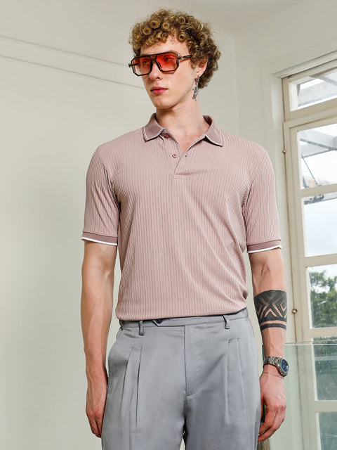 HookdLight Pink Textured Polo T-shirt with Contrast Detailing