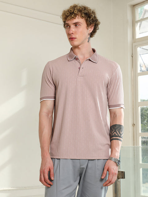 HookdLight Pink Textured Polo T-shirt with Contrast Detailing