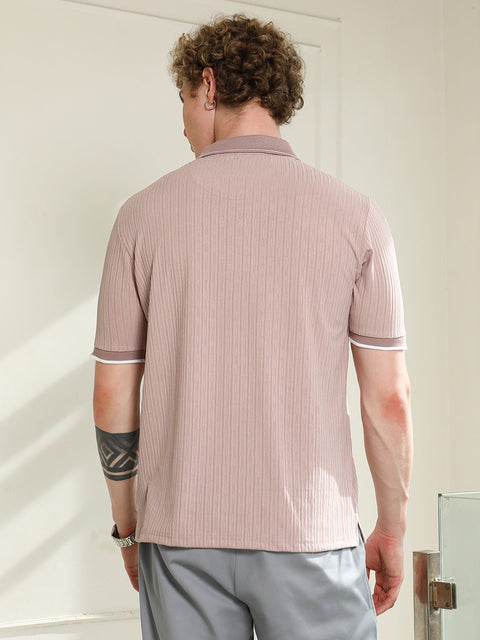 HookdLight Pink Textured Polo T-shirt with Contrast Detailing