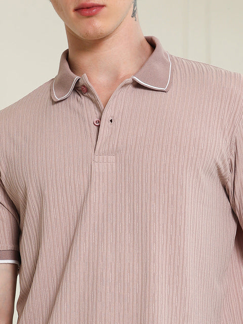 HookdLight Pink Textured Polo T-shirt with Contrast Detailing