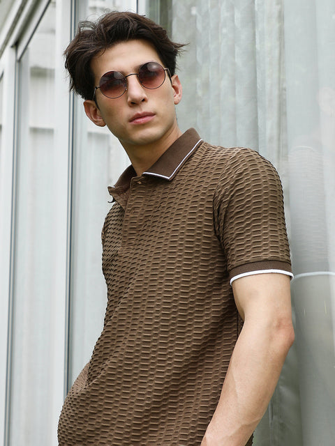 HookdBrown Textured Polo T-shirt with Contrasting Accents